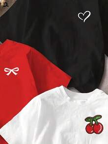 3pcs/Set Tween Girls' Casual Chic White And Red Summer School Back-To-School Butterfly,Cherry,Leaf Graphic Print Basic Short T-Shirts,Comfortable Cozy - Multicolor - View 3
