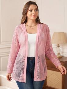 Rosumi Plus Size Women's Summer Casual Vacation  Pink Long Sleeve Jacket, Summer\Vacation,Summer Holiday,Spring Break Outfits ,Vacation Outfits Women ,Holiday Outfits For Women,Going Out Outfits,2026 New Clothes,Simple And Fashionable For Everyday Wear,Suitable For Summer, Vacation, Daily Wear, Pink Cardigan For Women, Lace Cardigan, Lightweight Cardigan - Pink - View 5