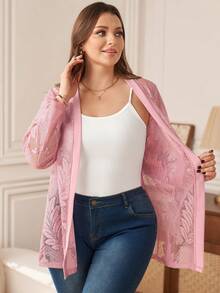 Rosumi Plus Size Women's Summer Casual Vacation  Pink Long Sleeve Jacket, Summer\Vacation,Summer Holiday,Spring Break Outfits ,Vacation Outfits Women ,Holiday Outfits For Women,Going Out Outfits,2026 New Clothes,Simple And Fashionable For Everyday Wear,Suitable For Summer, Vacation, Daily Wear, Pink Cardigan For Women, Lace Cardigan, Lightweight Cardigan - Pink - View 7