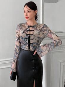 EastFlair 新传统中国风女式图腾印花撞色纽扣衬衫 - 彩色 - 查看 5