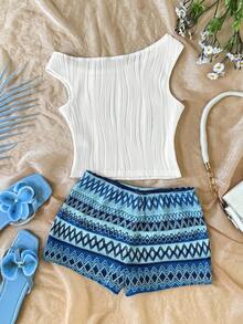 SHEIN Conjunto informal de 2 piezas para niña preadolescente con camiseta corta asimétrica a rayas texturadas rojas y pantalones cortos - Blanco - Ver 2