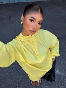 Muchica Light Yellow Woven Women's Hooded Half-Zip Long Sleeve Top And Shorts Casual Suit Yellow Outfit Women Yellow 2 Piece Set - Light Yellow - View 7