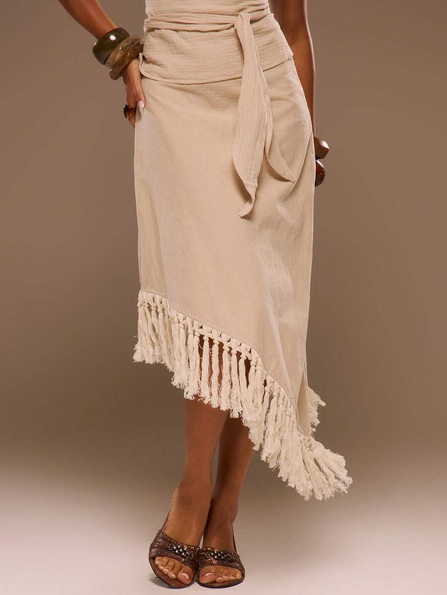 MUSERA Cheesecloth Low Rise Fringed Midaxi Skirt Spring Summer Vacation Beach Elegant Ibiza Festival Holiday Tajine - Apricot - View 1