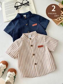 LMoss Kids 2pcs Baby Boy Woven Solid Color Casual Collared Shirt Sets - Multicolor - View 4