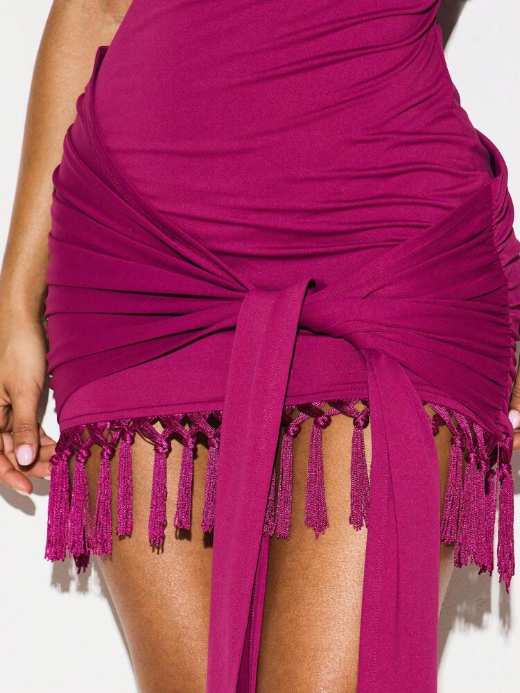 KIZN Magenta Boat Neck Sleeveless Bodycon Mini Dress With Tie Waist Detail And Fringe Hem For Party Cocktail Evening