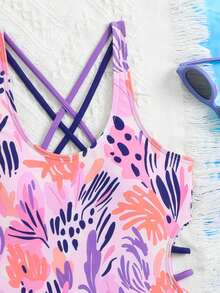 SHEIN 女童树叶印花弹力速干舒适针织连体泳衣，适合海滩、泳池、冲浪、度假、夏季旅行 - 彩色 - 查看 4