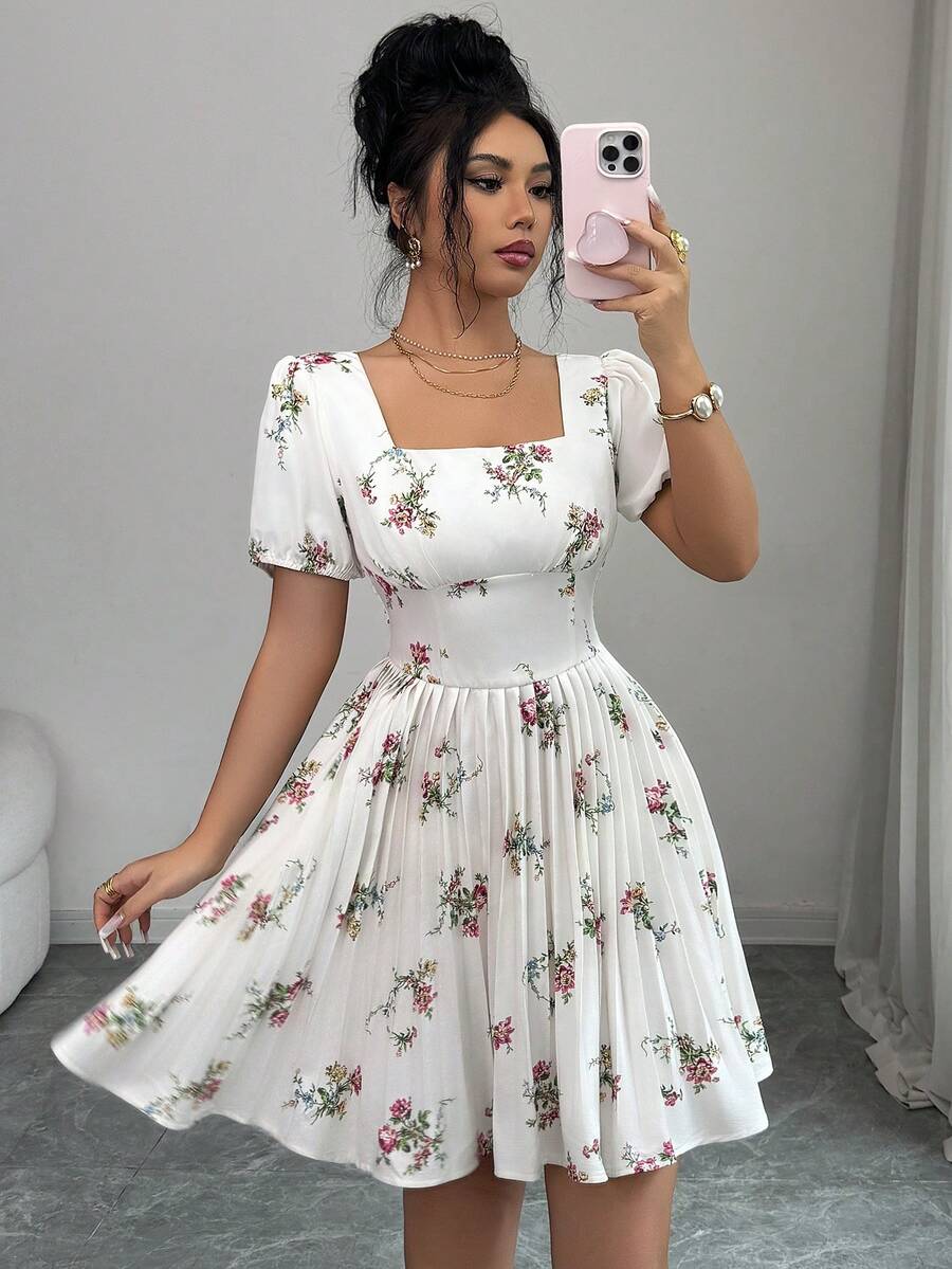 Elenzga Women's Floral Print Square Neck Petal Sleeve Pleated Hem Fashion Dress - Apricot - View 1