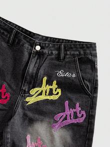 ROMWE MEN Men's Casual Everyday Denim Shorts With Pockets And Button Letter Graphic - Black - View 5