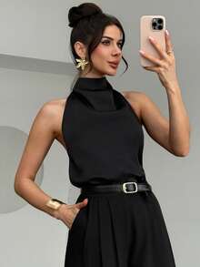 Firerie 女士优雅简约时尚通勤休闲都市风新款绉纱不规则领无袖露背修身黑色衬衫上衣，春夏款 - 黑色 - 查看 2