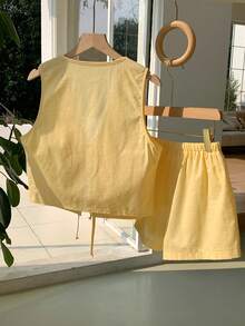 Comfortcana 两件套女士夏季纯色系带背心和短裤套装 - 黃色 - 查看 2