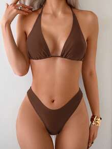 Swim Mod 纯色吊带背心式比基尼泳装，配三角形泳裤 - 咖啡棕 - 查看 4