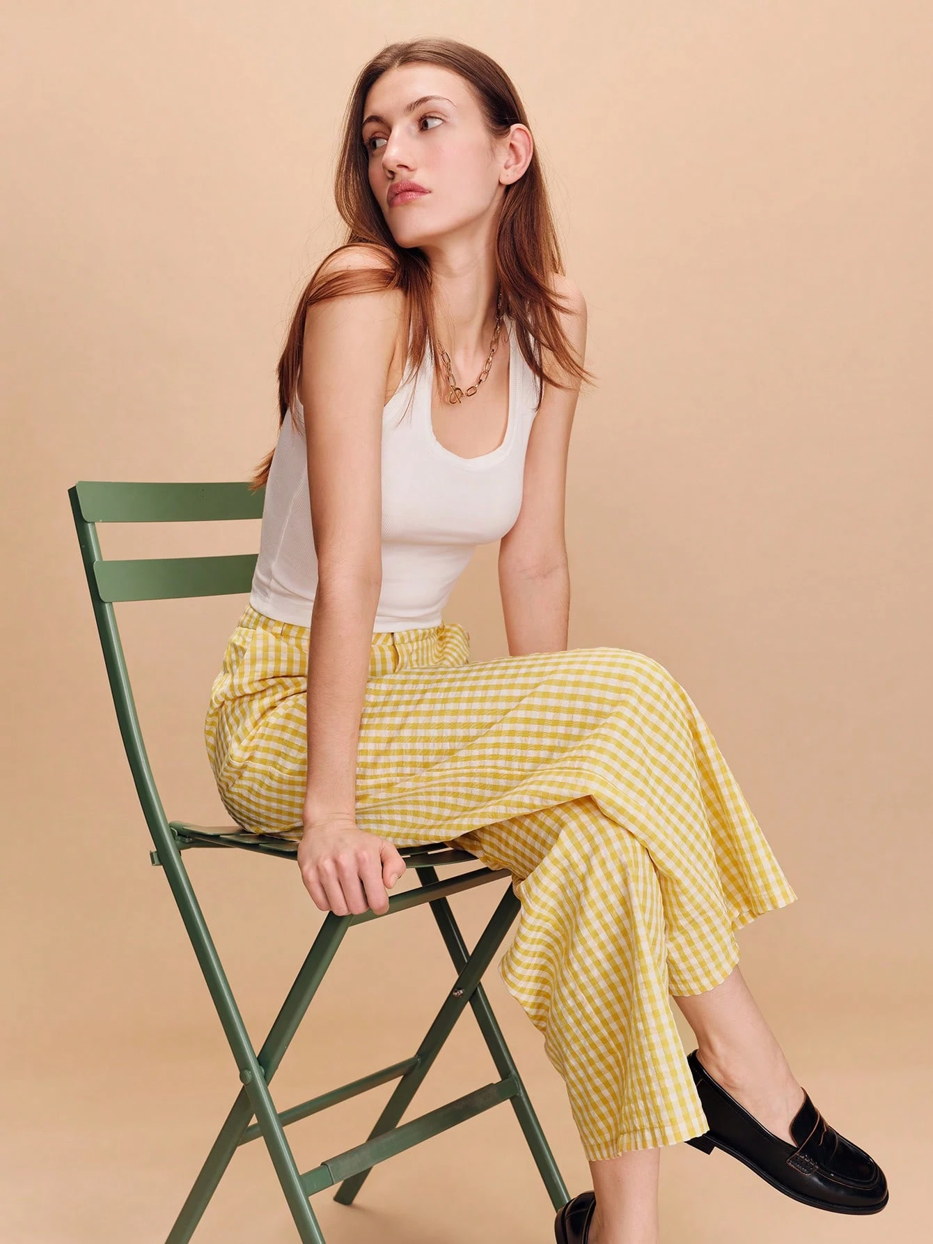 Żółte spodnie w kratkę Gingham z szerokimi nogawkami, lato, wiosna, lato, styl francuski, styl paryski