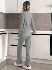 EURMUSE Sleepy Girl Ribbed Lounge Set – Moon & Cozy Vibes In Blush Pink - Light Grey - View 2