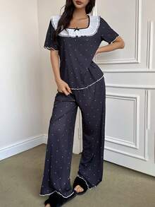 SHEIN Napfluff Cute Ruffle Trim Square Neck Short Sleeve Women Pajama Set - Black - View 4