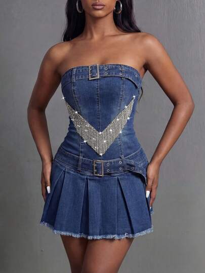 Slaydiva Women's Chain-Detail Outdoor Festival Vintage Wash Summer Tube Denim Dress