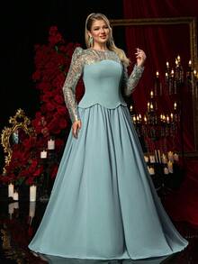 Glamrae Váy maxi voan dệt kim co giãn, tay dài đính hạt thủ công màu xám xanh sang trọng cỡ lớn, phù hợp cho đám cưới, tiệc tùng, kỳ nghỉ, dạ tiệc, sự kiện trang trọng - Màu xanh lam - Xem 8