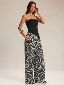 SHEIN BAE Women's Casual Zebra Print Wide Leg Pants, Suitable For Spring & Summer Strapless Top Zebra Pants - Black and White - View 5