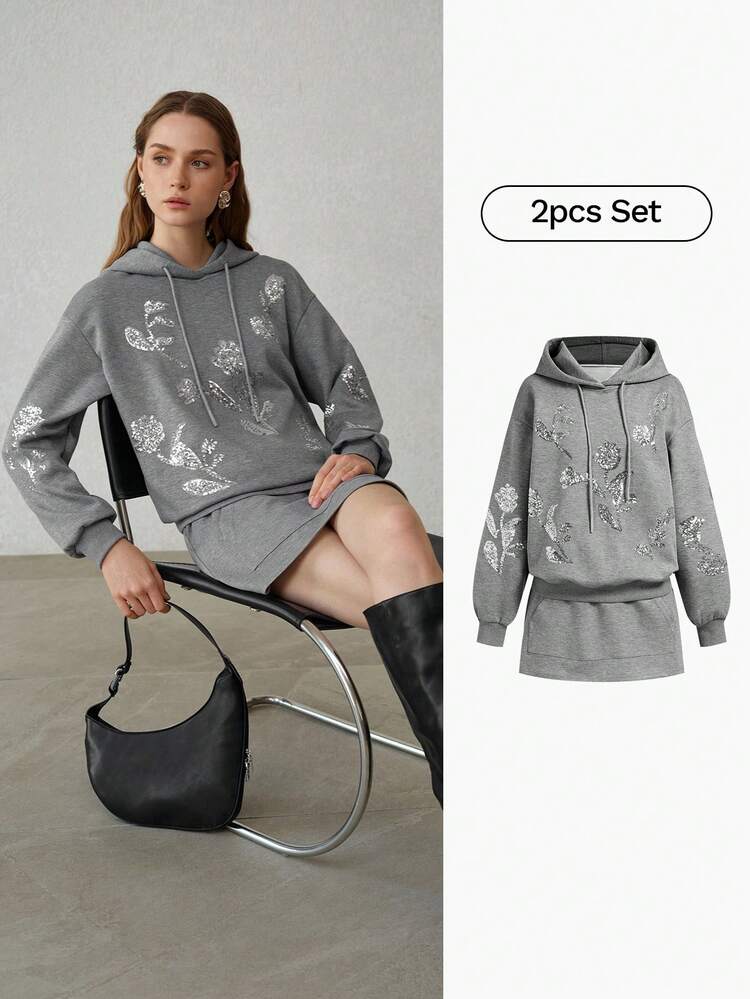 WOMEN'S SEQUINS FLORAL PATTERN DRAWSTRING HOODIE AND SKIRT SET