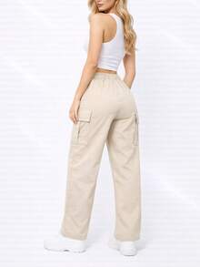 Pantalones cargo largos informales para mujer con detalle de lazo y tejido ligeramente elástico ma1121 - Beis - Ver 2