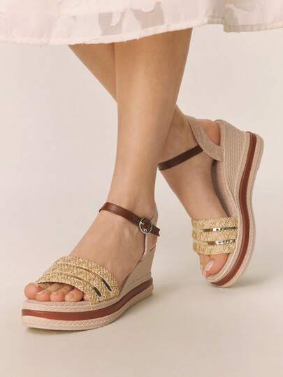 Styleloop Women's Wedge Heel Platform Sandals Summer Open-Toed Bohemian Vacation Sandals Hemp Rope Woven Roman Beach Sandals Buckle Dress Shoes