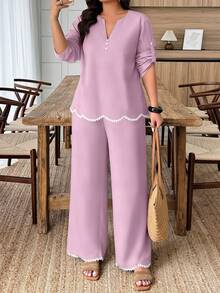Weeklong Plus Size Women's Spring/Summer Arched Color Block Ruffle Trim 2 Pieces Set Fall - Dusty Pink - View 5