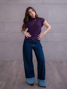 Hitanina 优雅高领宽松休闲百搭秋冬无袖针织毛衣背心 - 紫色 - 查看 4