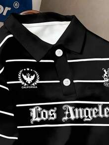 Manfinity Joysei 男士休闲日常通勤及校园风字母条纹印花短袖Polo衫，夏季 - 黑色 - 查看 3