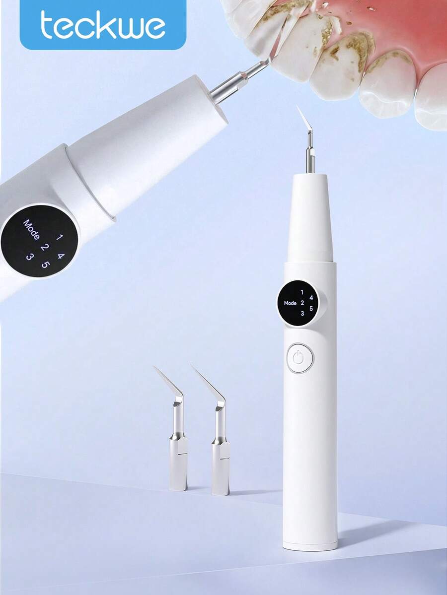 Teckwe Plaque Remover For Teeth, Tartar Remover For Teeth, Dental Calculus Remover, Teeth Cleaning Kit 5 Speed Modes With 2 Replaceable Heads - White - View 1
