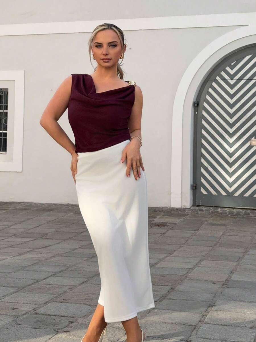 Jeta Ari Jupe longue taille haute de couleur unie, décontractée pour le printemps et l'automne - Blanc - Voir 1