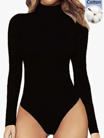 Body de manga larga y cuello alto de unicolor casual para mujer