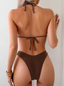 Swim Mod 纯色吊带背心式比基尼泳装，配三角形泳裤 - 咖啡棕 - 查看 2