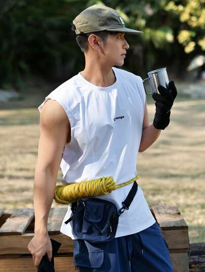 DAZY Men's Letter Print White Round Neck Tank Top, Summer