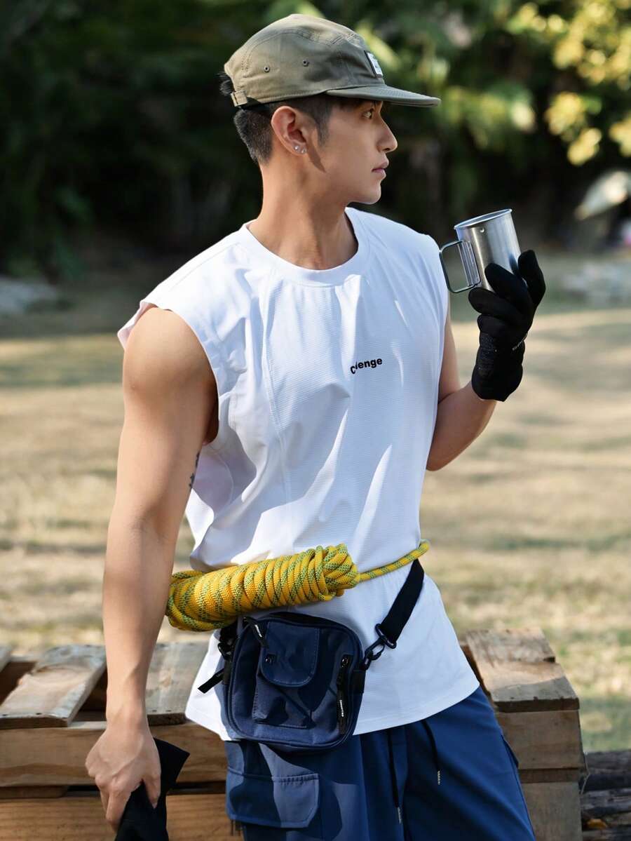 DAZY 男士字母印花白色圆领背心，夏季 - 白色 - 查看 1