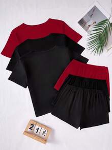 三件套字母印花休闲短袖T恤和短裤套装 - 彩色 - 查看 2