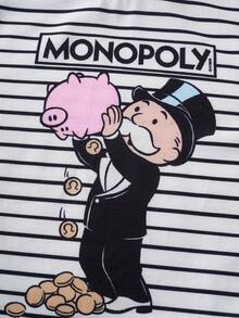 MONOPOLY X SHEIN Young Girl Striped Round Neck Cartoon Letter Print Casual Versatile Daily Wear Short Sleeve T-Shirt - Black - View 4