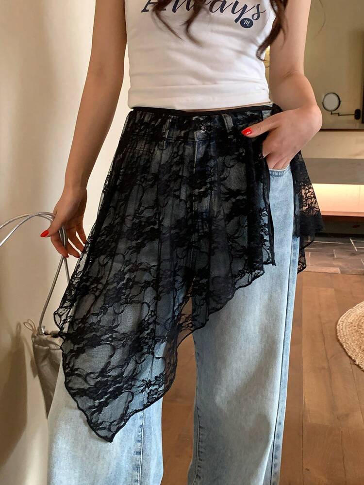 Women's Solid Color Sheer Lace Asymmetric Hem Skirt
