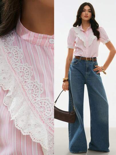Poéselle Women's Ruffled Hem Striped Short Petal Sleeve Single-Breasted Shirt,Pink Blouse,Going Out Tops,Casual Blouses For Women ,Summer Top,Elegant Women's Blouses,Summer Outfits For Women , Beach Outfit For Women , Holiday Outfits For Women Western Blouse Short Sleeve Blouse Lace Top Ruffle Lace Top Striped Top 70s Tops Pink Striped Shirt Western Top Western Tops Lace Shirts French Style Blouse Outfit Ideas For Women Trending Outfits For Women Tops To Wear With Jeans Vintage Outfit For Women