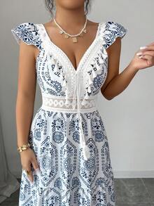 Elenzga Elegant Long Summer Dress With Woven Prints For Women - Blue - View 7