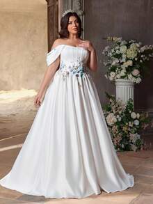 Aureia Plus Size Elegant White Spring Wedding Dress U-Neck Off-Shoulder Hanging Sleeve Fishbone Decor Luxury Sequins Splice High Slit A-Line Bridal - White - View 8