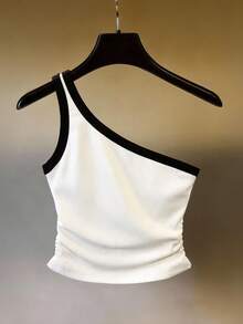 Franclia 女士休闲时尚简约百搭撞色罗纹腰抽绳短款上衣，春夏女士白色单肩上衣，性感白色上衣，黑白拼色上衣，女士白色上衣 - 米色 - 查看 1