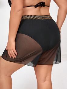 SHEIN CURVE+ Summer Beach Plus Contrast Tape Mesh Cover Up Shorts, Beach For Woman,Plus Size For Woman - Black - View 2