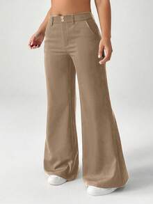 SHEIN EZwear 大码女式纯色口袋阔腿宽松休闲裤 - 卡其色 - 查看 5