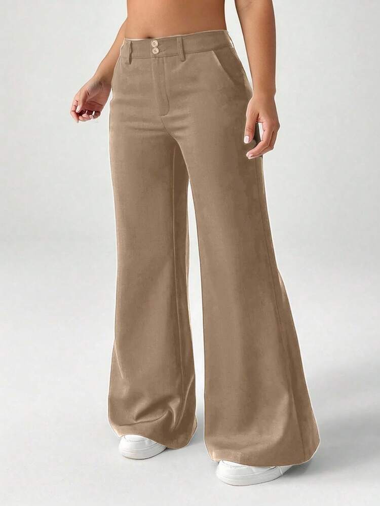 SHEIN EZwear 大码女式纯色口袋阔腿宽松休闲裤 - 卡其色 - 查看 5