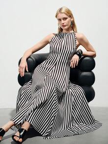 Aveloria Modichic Elegent Summer Black And White Checkered Blue Striped Sleeveless High Neck Fitted Waist A-Line Dress,Smooth Stretchy Fabric,Brunch Business Gala Party - Black and White - View 1