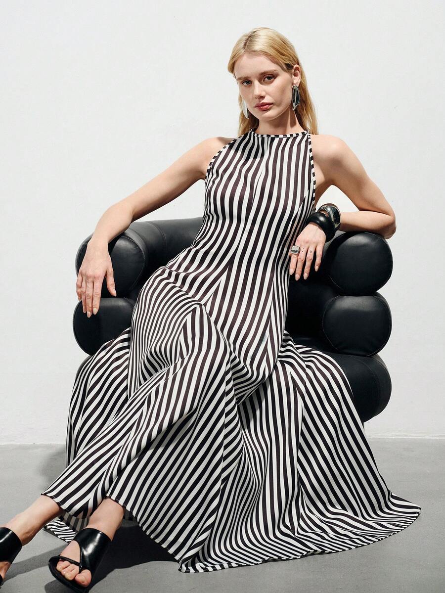 Aveloria Modichic Elegent Summer Black And White Checkered Blue Striped Sleeveless High Neck Fitted Waist A-Line Dress,Smooth Stretchy Fabric,Brunch Business Gala Party - Black and White - View 1