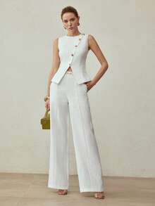 MOTF PREMIUM 100% LINEN METAL BUCKLE DECOR VEST TOP, VINTAGE STYLE, SPRING/SUMMER - White - View 6
