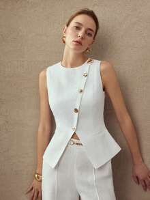 MOTF PREMIUM 100% LINEN METAL BUCKLE DECOR VEST TOP, VINTAGE STYLE, SPRING/SUMMER - White - View 8
