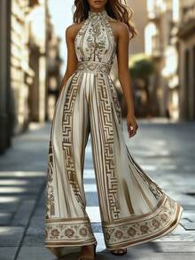 Lunelith SHEIN Lunessa 女士度假休闲花卉几何印花露背连体裤 - 彩色 - 查看 1