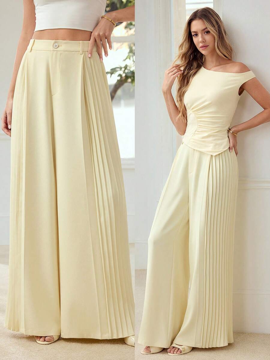 MOTF PREMIUM PANTALONES ANCHOS SUELTOS CON PLIEGUES ELEGANTES - Amarillo claro - Ver 1