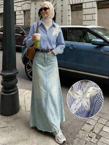New Vintage Loose Casual 3D Floral Everyday Versatile Striped Shirt - Navy Blue - View 8